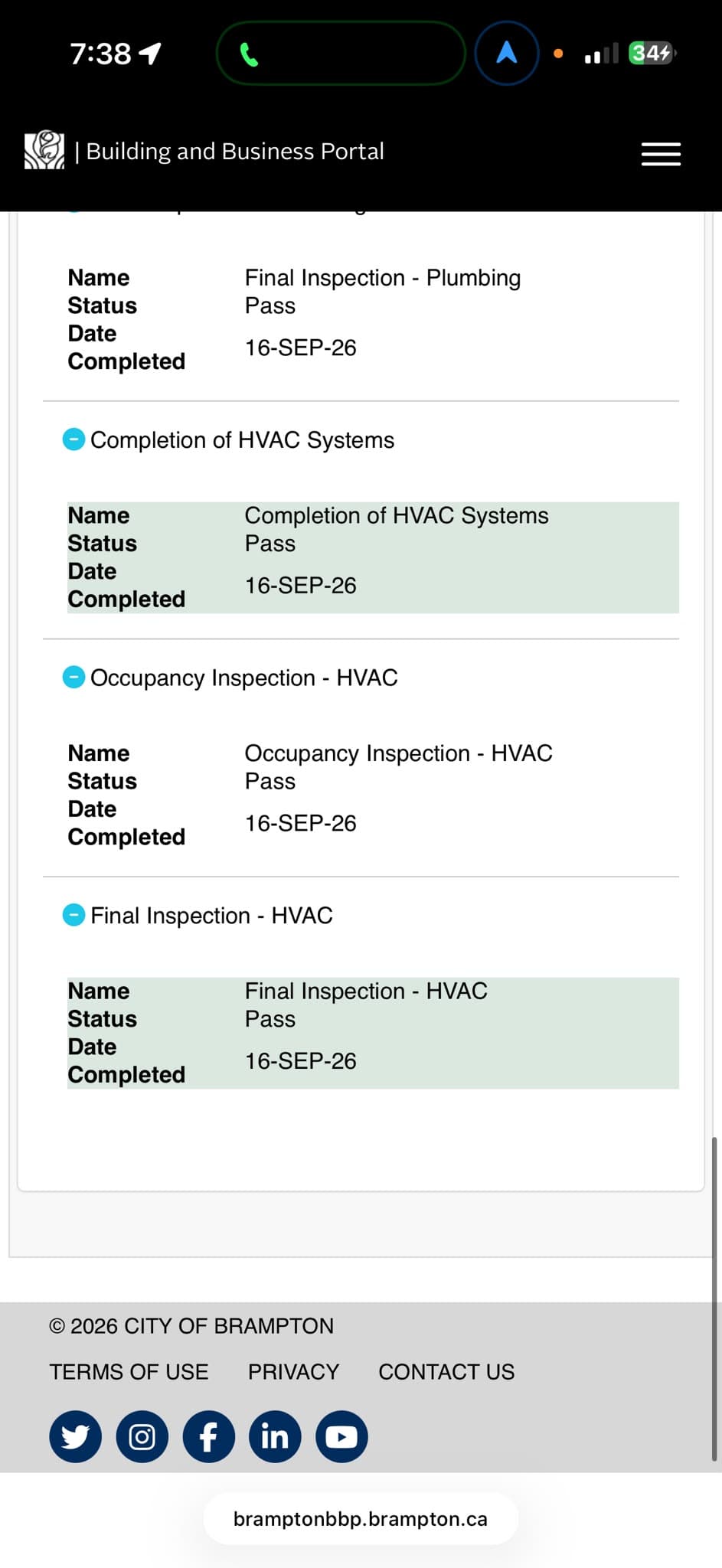 Brampton portal record showing passed final plumbing and HVAC inspections dated September 16, 2026