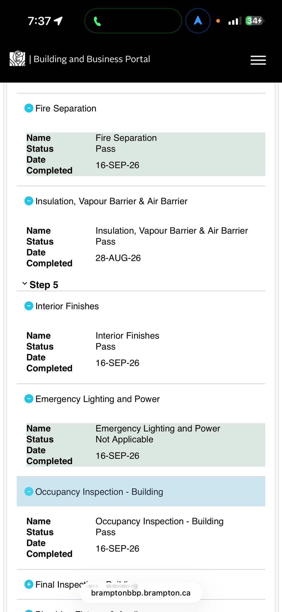 Brampton portal record showing passed fire separation, insulation and vapour barrier, interior finishes and building occupancy inspections