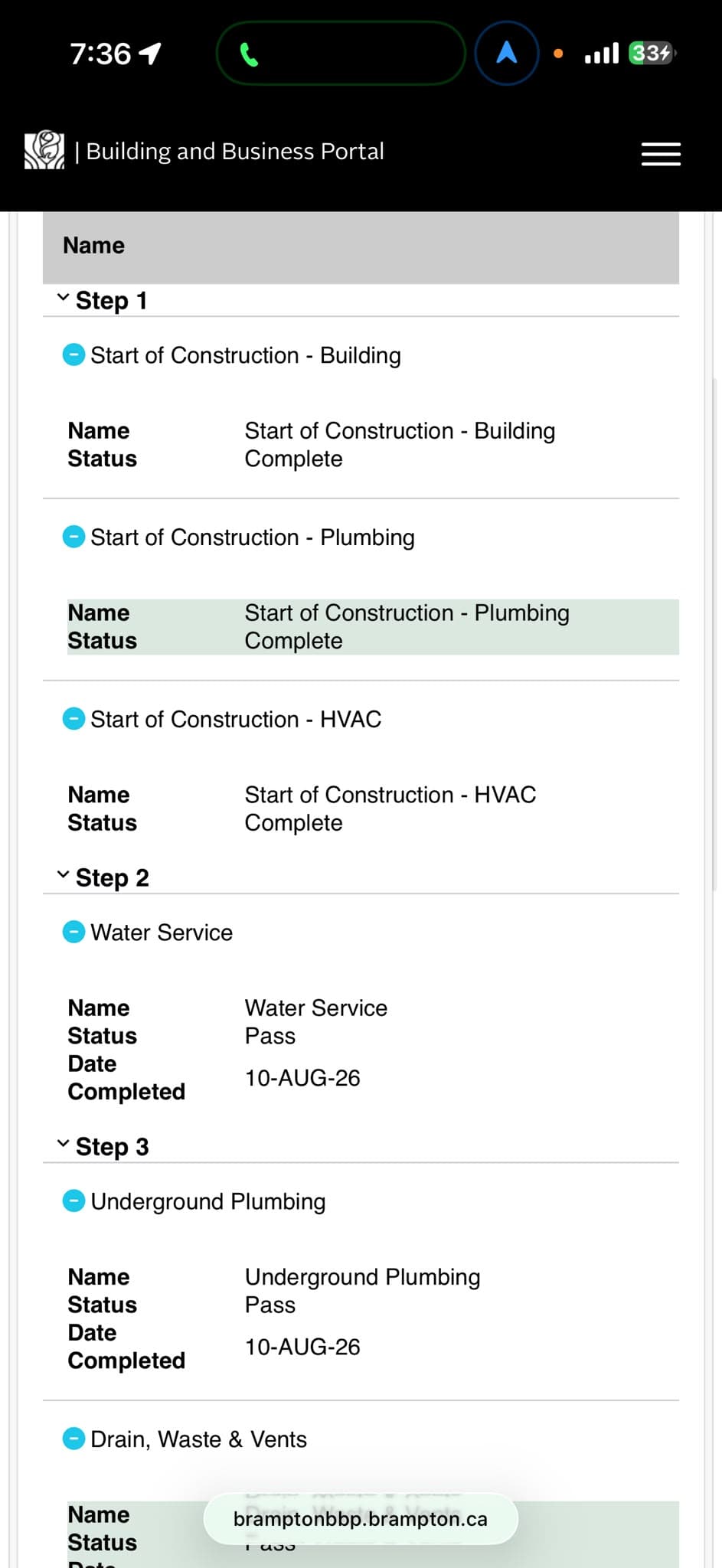 Brampton portal record showing completed construction starts and passed water service and underground plumbing inspections